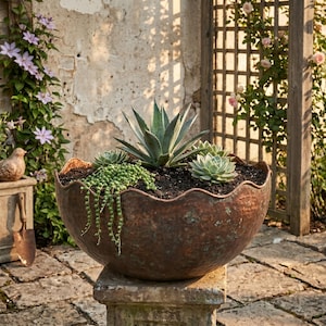 Puede incluir: Una maceta grande y redonda de cobre martillado con un borde festoneado, llena de tierra oscura y una variedad de suculentas, que incluye un agave central, una planta de collar de perlas colgante y dos suculentas pequeñas en roseta.