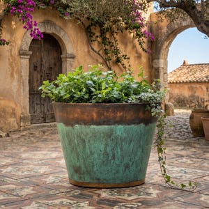 Handcrafted Copper Planter – Green Patina, Rustic Garden Pot, Vintage Style Flower Container