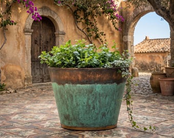 Koperen plantenbak met groen patina – handgemaakte buitenpot – rustieke tuinplanter – vintage stijl koperen bloempot – terrasdecor