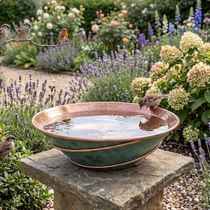 Baño para pájaros de cobre con pátina verde – Cuenco para pájaros de jardín exterior, cuenco rústico de cobre, bebedero para pájaros de patio trasero