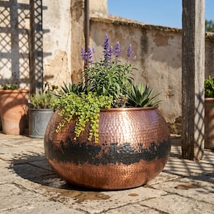 May include: A round, hammered copper planter with a wide, dark, textured black band encircling the middle. The planter is filled with a variety of green plants, including tall purple salvia flowers, trailing foliage, and spiky succulents.