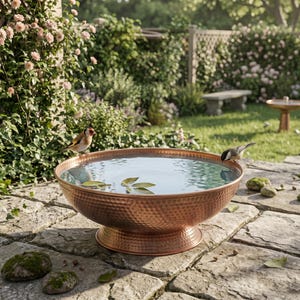 Vogelbadkom van gehamerd koper – Vogelbad voor buiten, rustieke koperen kom, drinkbak voor vogels in de achtertuin, decoratie voor terras en tuin