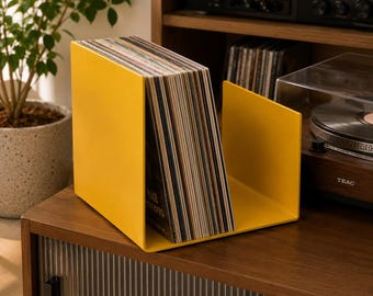 Suporte minimalista para discos de vinil em metal, moderno, para armazenamento de LPs, organizador de discos em aço, estilo contemporâneo.