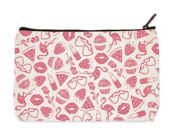 Pink Things Canvas Zip Pouch - Make Up Bag - Pencil Case - Travel Pouch