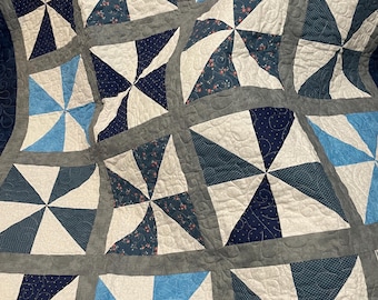 Handmade Patchwork Cotton Quilt – Blues, Grays, Creams (46x56)
