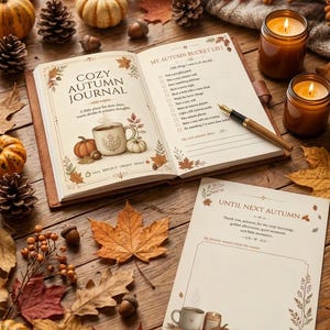 Peut inclure: Un journal ouvert intitulé Cozy Autumn Journal avec une page de liste d'objectifs, un stylo plume et une feuille séparée intitulée Until Next Autumn. Les pages présentent des illustrations de tasses, citrouilles et feuilles, entourées de feuilles d'automne.