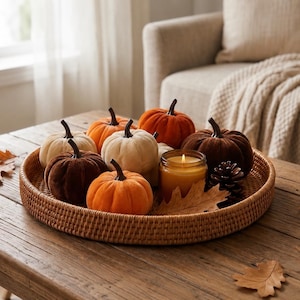 Peut inclure: Un plateau rond en rotin tressé contenant plusieurs petites citrouilles en tissu dans des tons orange, crème et marron foncé, ainsi qu'une bougie allumée dans un pot en verre et une pomme de pin. Le plateau repose sur une table en bois.