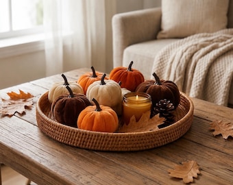 Peut inclure: Un plateau rond en rotin tressé contenant plusieurs petites citrouilles en tissu dans des tons orange, crème et marron foncé, ainsi qu'une bougie allumée dans un pot en verre et une pomme de pin. Le plateau repose sur une table en bois.