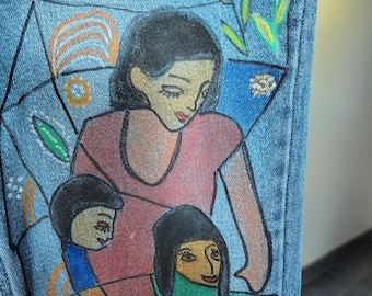 Pantalones vaqueros pintados a mano, denim reciclado, arte cubista de madre e hijo, pantalones de arte para vestir, talla FR38 / US6-8, GREMIUM