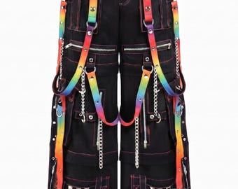 Y2K Gothic wijde pijpen cargo zwarte broek Chain Rave Pants | Cyberpunk Techwear-festivalbroek | Uniseks Alt-kleding