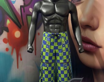 Pantalon cargo à carreaux bleu-vert, pantalon ample gothique Mall, pantalon large cyberpunk Tech wear, pantalon punk rock homme femme