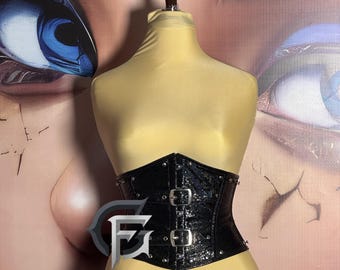 Custom Gothic Women Underbust Corset - Black Faux Leather Waist Cincher with Buckles & Studs, Steampunk Alt Fashion, Plus Size Available