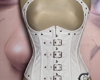 Corset en cuir blanc véritable, bustier dos nu avec boucle désossée en acier, baskets cyberpunk, tenue de festival nuptiale