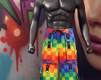 May include: Rainbow checkered cargo pants featuring a vibrant multi-colored grid pattern, black drawstring waist, multiple utility pockets with silver-toned zippers, and black straps with metal D-ring hardware accents throughout the leg design.