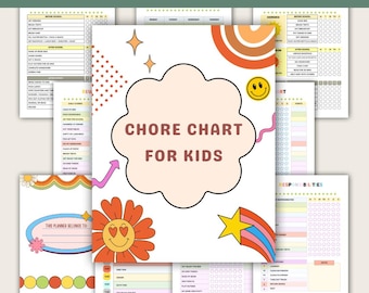 May include: A collection of printable chore charts and reward trackers for kids featuring colorful graphic designs including flowers, stars, and smiley faces. The central document displays the text CHORE CHART FOR KIDS inside a cloud shape.