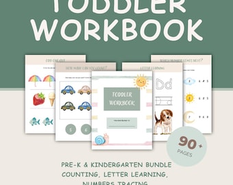 May include: A digital PDF printable toddler workbook with the title "TODDLER WORKBOOK". The workbook includes pages for counting, letter learning, and number tracing. The cover features a snail illustration. The bundle includes over 90 pages.