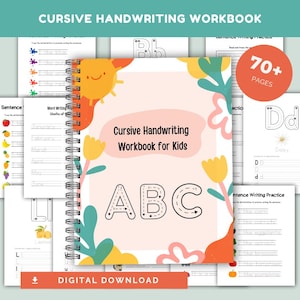 Könnte beinhalten: Ein spiralgebundenes Schreiblernheft für Kinder mit einem Cover, das eine Sonne, Blumen sowie den Text Cursive Handwriting Workbook for Kids und ABC zeigt. Das Heft enthält über 70 Seiten mit Übungsblättern für Schreibübungen.