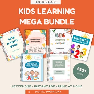 May include: A digital collection of six spiral-bound educational workbooks for children, featuring titles like Math Activity Book, Cursive Handwriting Workbook for Kids, Kids Activity Workbook, Kindergarten Addition & Numbers, and Pre-School Alphabet Workbook.
