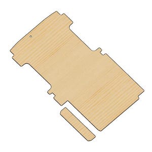 May include: A light-colored, wooden, laser-cut piece with a rectangular main body and a smaller, separate rectangular piece. The main piece has a unique shape with cutouts and a small hole. The wood grain is visible.