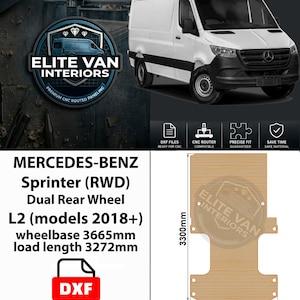 Może przedstawiać: Cyfrowy rysunek DXF panelu podłogowego do vana Mercedes-Benz Sprinter RWD z podwójnymi kołami tylnymi, modele od 2018 roku. Schemat techniczny przedstawia układ o wymiarach 3300mm na 1755mm, rozstaw osi 3665mm i długość ładunkową 3272mm.