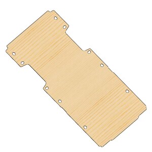May include: A light-colored, rectangular wooden board with rounded corners and several small, evenly spaced holes. The wood grain runs lengthwise across the board. The board has a unique shape, with a section cut out on one end.