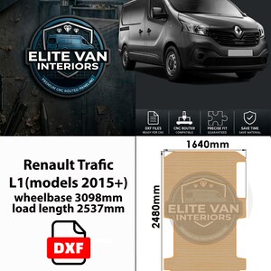 Puede incluir: Archivos digitales DXF para paneles de suelo de furgoneta Renault Trafic L1 2015+. Incluye dibujos técnicos con dimensiones de 1640mm por 2480mm, distancia entre ejes de 3098mm y longitud de carga de 2537mm para compatibilidad con CNC.