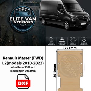 Puede incluir: Un listado de producto digital de Elite Van Interiors con una furgoneta Renault Master negra, un logotipo y un diagrama técnico de panel de suelo. El panel mide 1771mm por 3010mm, diseñado para modelos Renault Master FWD L2 2010-2023.