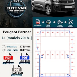 Puede incluir: Una plantilla PDF digital para un panel de suelo de furgoneta Peugeot Partner L1 2018+. La imagen muestra una furgoneta plateada, el logotipo de Elite Van Interiors y una cuadrícula etiquetada de A1 a G8. Incluye instrucciones de descarga, impresión y montaje.