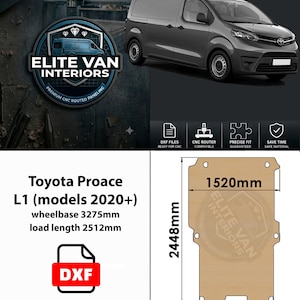 May include: A digital product listing for Toyota Proace L1 2020+ van floor panel DXF files. Includes a gray van image, Elite Van Interiors logo, and a technical drawing showing a 1520mm by 2448mm floor panel layout with a 3275mm wheelbase and 2512mm load length.