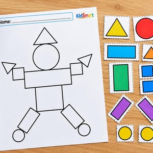 Może przedstawiać: Biała karta pracy edukacyjnej z napisem KidSmart i Name, przedstawiająca czarno-białą postać złożoną z figur geometrycznych. Obok znajduje się dziesięć kolorowych wyciętych kształtów, w tym trójkąty, koła, prostokąty i kwadraty w różnych barwach.