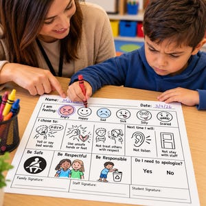 May include: A white paper behavior reflection worksheet with black line art illustrations and text. The form includes sections for feelings, behavioral choices, and responsibilities, with blank lines for a name, date, and signatures.