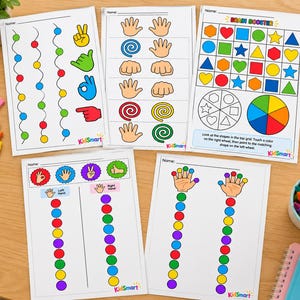 May include: Four educational activity worksheets featuring colorful illustrations of hands, geometric shapes, and patterns. The pages include tasks like matching hand gestures, identifying shapes, and following color sequences, all labeled with KidSmart branding.