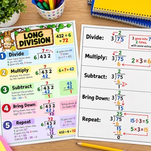 May include: Two educational posters displaying long division steps. The left poster features a monkey illustration and the title LONG DIVISION with a 432 divided by 6 example. The right poster shows a 75 divided by 3 example with steps labeled Divide, Multiply, Subtract, Bring Down, and Repeat.