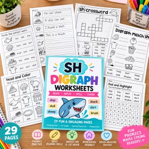 Op de afbeelding: Een verzameling educatieve werkbladen gericht op de SH-digraaf, met een centraal voorblad met een haai-illustratie en de tekst SH DIGRAPH WORKSHEETS, omringd door diverse oefenpagina's met woordkoppelingen, kruiswoordpuzzels en leesoefeningen.