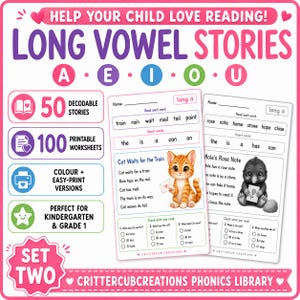May include: Educational phonics resource titled Long Vowel Stories featuring 50 decodable stories and 100 printable worksheets. The set includes two sample pages with reading exercises, heart words, and illustrations of a cat and a mole.