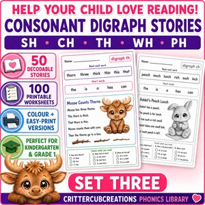 May include: Educational set of consonant digraph stories featuring 50 decodable stories and 100 printable worksheets. The materials include reading exercises with words like thorn, three, peach, and much, alongside illustrations of a moose and a rabbit.