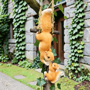 Könnte beinhalten: Drei orange Eichhörnchen-Figuren hängen an einem Ast. Ein Eichhörnchen hängt kopfüber an einer Schaukel, während die anderen beiden den Baumstamm hinaufklettern. Die Eichhörnchen haben flauschige Schwänze und sind von grünem Efeu umgeben.