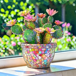 May include: A colorful stained glass cactus in a mosaic pot. The cactus features green, yellow, and pink flowers. The pot is a mosaic of various colors. The image is set against a blurred green background.