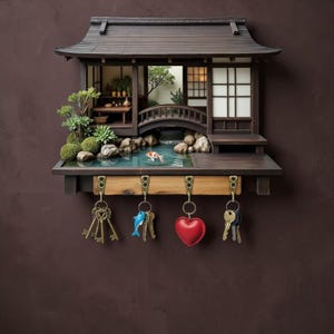 Könnte beinhalten: Ein dekorativer Schlüsselhalter aus Holz in Form eines japanischen Hauses mit einem Miniaturteich, einer Brücke und Koi-Karpfen. Der Schlüsselhalter hat vier Messing-Haken mit Schlüsseln und Schlüsselanhängern. Das Haus ist braun mit einem dunkelbraunen Dach.