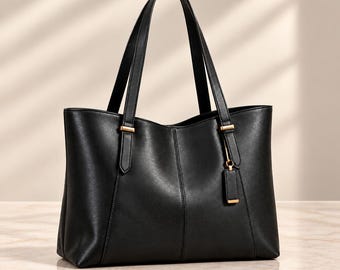 Black Leather Tote for Women Large Capacity Shoulder Bag Elegant Commuter Purse Work Handbag Vintage Style Everyday Gift for Her
