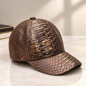 Luxury Brown Snakeskin Baseball Cap, Exotic Animal Print Hat, Unisex Streetwear Accessory, Vintage Style Fashion Gift
