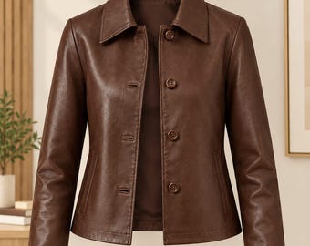 Damska brązowa skórzana kurtka w stylu vintage, zapinana na guziki, krótka marynarka, swobodna odzież wierzchnia, szykowna jesienna kurtka, styl retro, streetwear, prezent dla niej