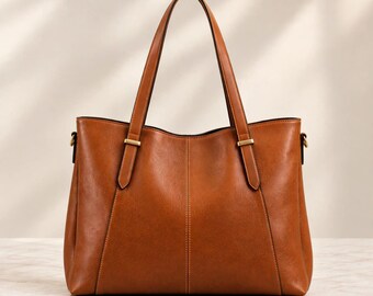 Brown Leather Tote for Women Large Capacity Shoulder Bag Vintage Commuter Purse Work Handbag Stylish Everyday  Gift for Her