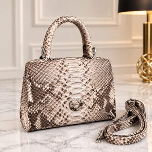 Beige Python Print Handbag, Luxury Snakeskin Satchel Purse, Neutral Top Handle Bag, Elegant Shoulder Bag, Chic Fashion Gift for Her