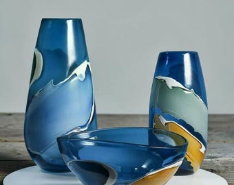 Blue Green Glass Vase, Decorative Art Glass Flower Vase, Modern Home Decor