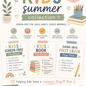 Könnte beinhalten: Farbenfrohe Infografik "The Kids Summer Collection" mit Illustrationen und Text zur Förderung von Sommeraktivitäten für Kinder. Sie enthält Herausforderungen, Prep Packs und Ideen für Spaß und Lernen.