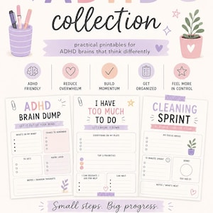 May include: The ADHD Collection printable planner. The design is in shades of purple, pink, and white. The planner includes sections for brain dumps, to-do lists, and cleaning sprints. The text reads "Small steps. Big progress."