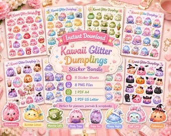 Pacchetto di adesivi Kawaii con gnocchi glitterati / Fogli per agenda arcobaleno e pastello (download digitale)