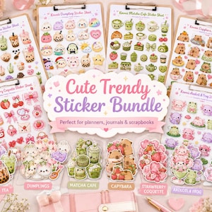 Puede incluir: Un paquete de pegatinas con seis portapapeles con varios temas, incluyendo té de burbujas, dumplings, café matcha, capibara, fresa coquette, y ajolote y rana. El letrero central dice Cute Trendy Sticker Bundle con texto más pequeño debajo.