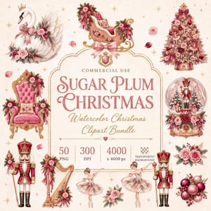 Op de afbeelding: Een digitaal clipartpakket getiteld Sugar Plum Christmas met aquarelillustraties van een zwaan, slee, kerstboom, notenkrakers, harp, ballerina's, rozen en ornamenten in roze, rode en gouden tinten op een crèmekleurige achtergrond.